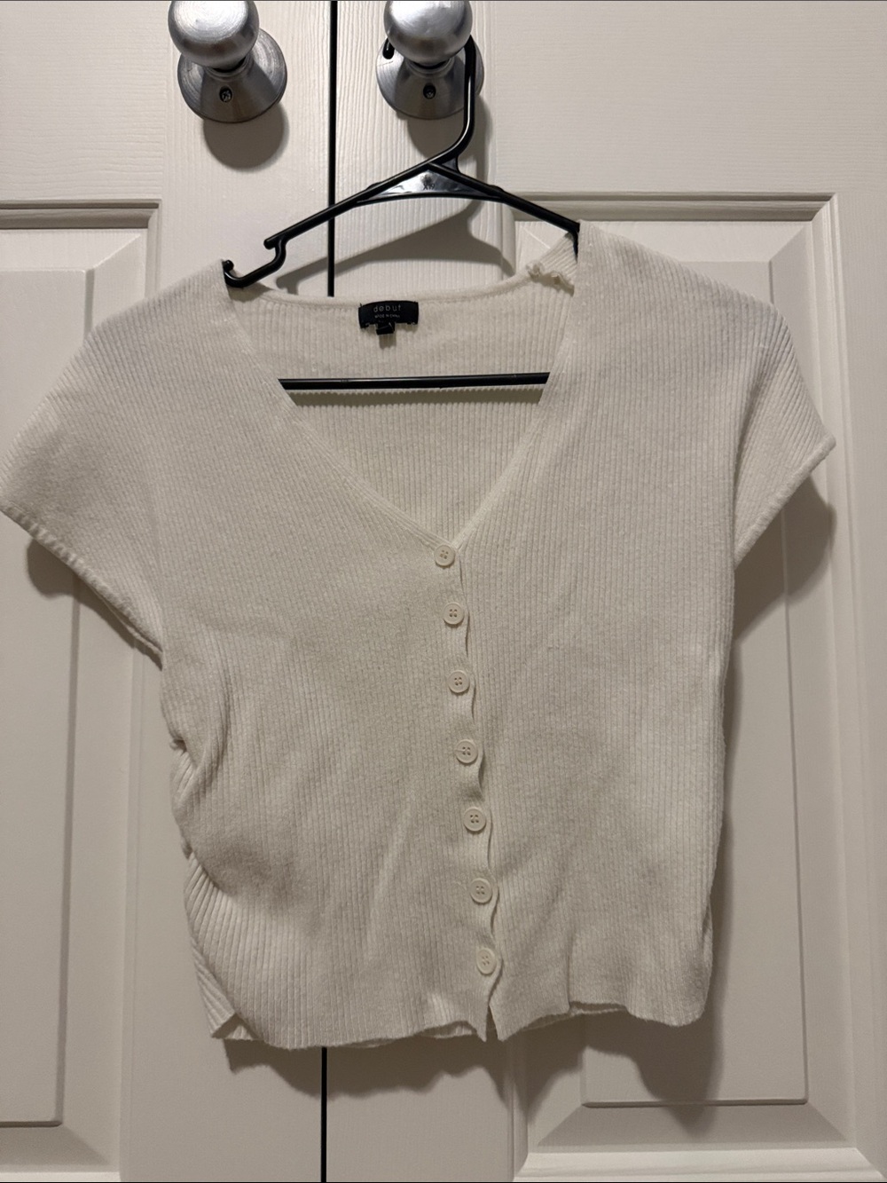 debut Cream Ribbed V-Neck Button Crop Top by